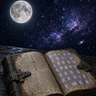 Aether Shelf app icon: a painted moon over a grimoire